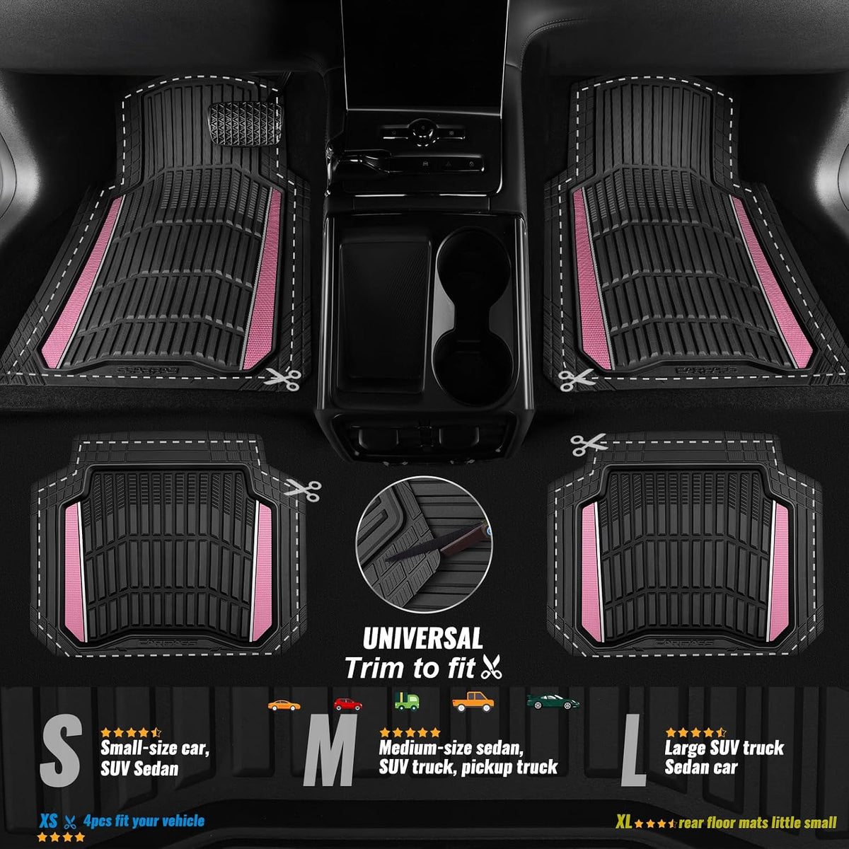 CAR PASS Heavy Duty Rubber Car Floor Mats, Deep Waterproof Car Floor Mats All Weather, Aluminum Film Floor Mats for Cars Non-Slip Universal Trim to Fit for SUVs Trucks Sedans Vans, Black Grey Metallic
