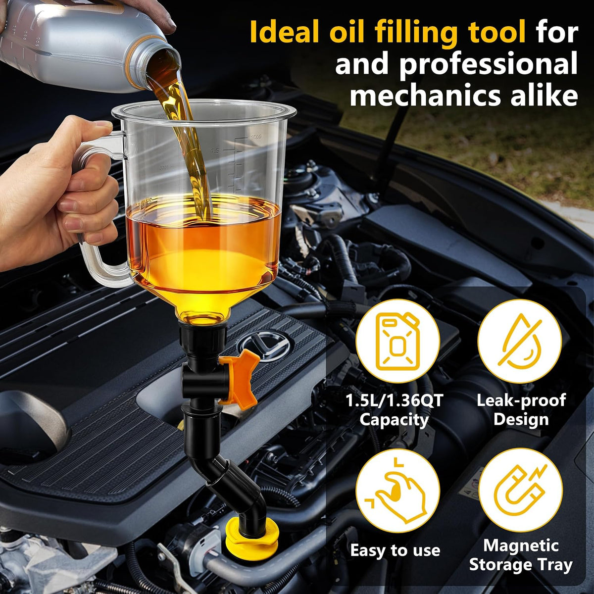 18 Pack No Spill Engine Oil Funnel Kit，1.59QT/1.5L Automotive Oil Funnel Set， 2 Magnetic Adapter Organizer Boards 12 Adapters Compatible with GM, Ford, BMW, Audi, Land Rover Etc