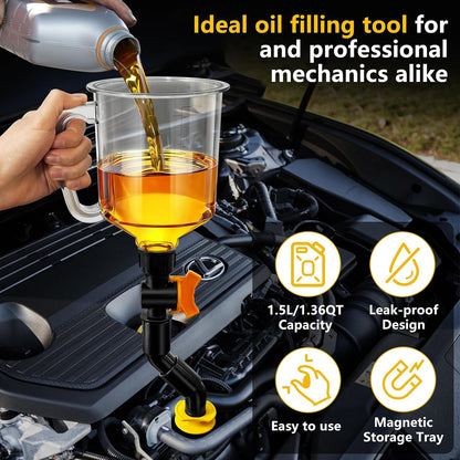 18 Pack No Spill Engine Oil Funnel Kit，1.59QT/1.5L Automotive Oil Funnel Set， 2 Magnetic Adapter Organizer Boards 12 Adapters Compatible with GM, Ford, BMW, Audi, Land Rover Etc