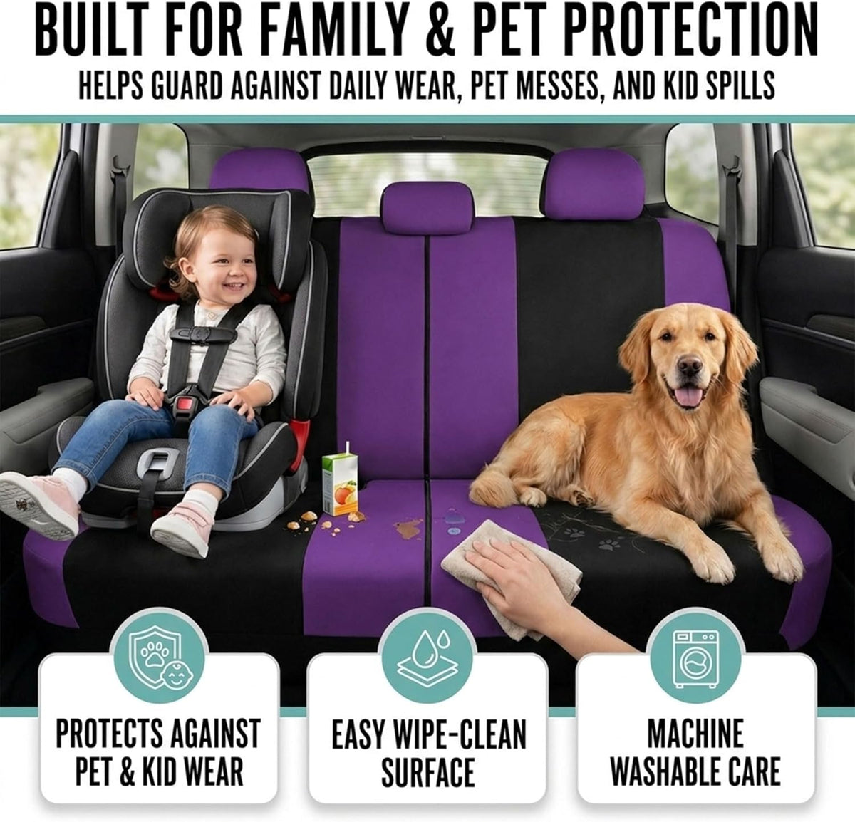 FH Group Full Set Cloth Car Seat Covers, Universal Fit Front and Split Bench Rear, Airbag Compatible, Washable for SUV, Sedan, Van - Black