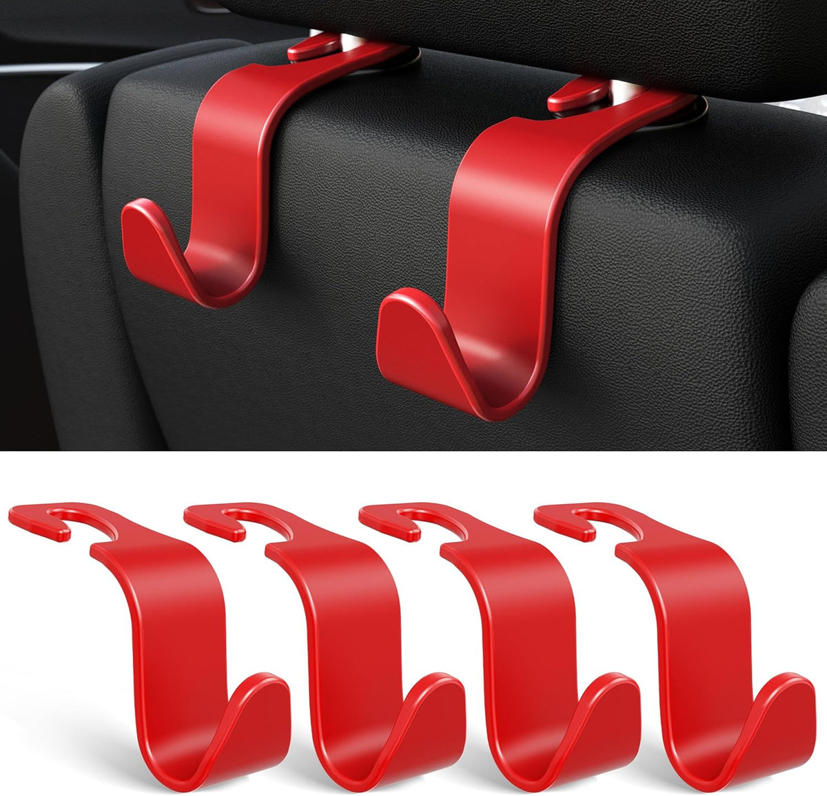 Amooca 4-Pack Car Headrest Hooks Vehicle Storage Organizer for Purses Handbags Groceries Backpack Coats –Holds 55lbs 360° Rotating Black