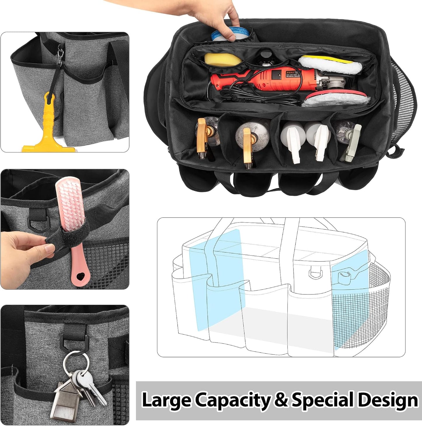HODRANT Detailing Bag with Polisher Carry Bag, Large Detail Car Care Box for Auto Detailing Supplies, Car Wash Caddy & Trunk Organizer for Buffer Bottle Towel & Cleaning Kit, Black, Patent Design