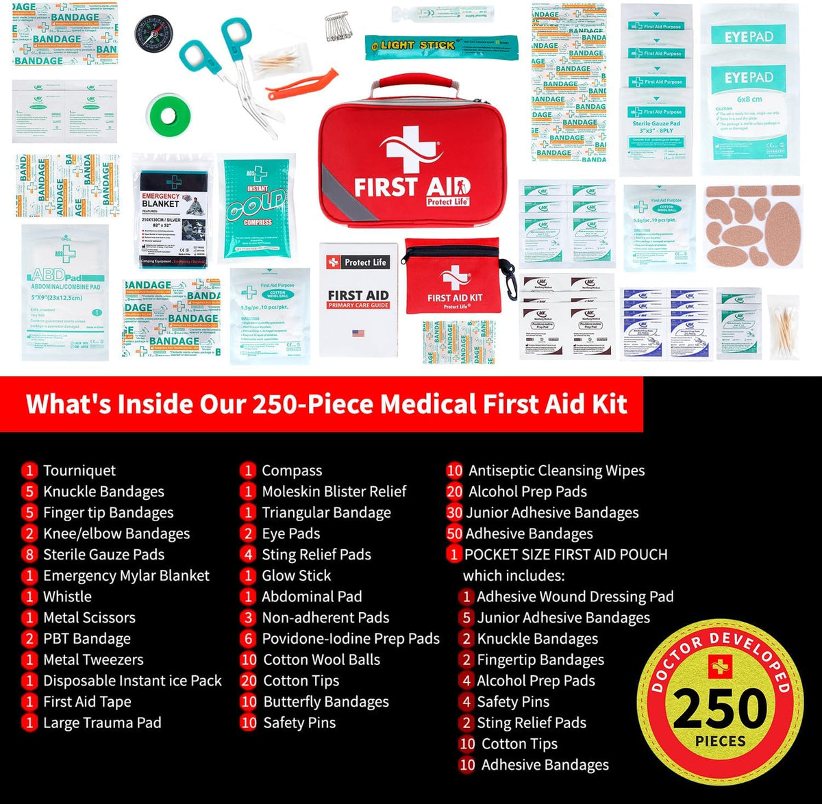 Protect Life Doctor Developed Mini First Aid Kit, 100 Piece Waterproof Emergency Kit for Car, Boat, Camping & Travel, Includes Emergency Blanket, Tourniquet & First Aid Guide