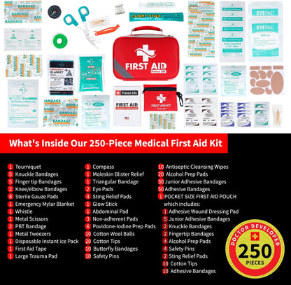 Protect Life Doctor Developed Mini First Aid Kit, 100 Piece Waterproof Emergency Kit for Car, Boat, Camping & Travel, Includes Emergency Blanket, Tourniquet & First Aid Guide