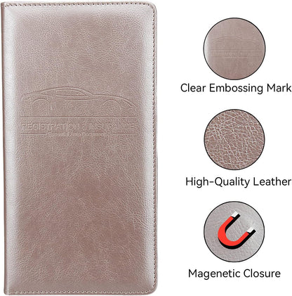 Car Registration and Insurance Holder, Premium Pu Leather Vehicle Glove Box Organizer - for Driver License, Cards & Essential Documents (L-Orange)