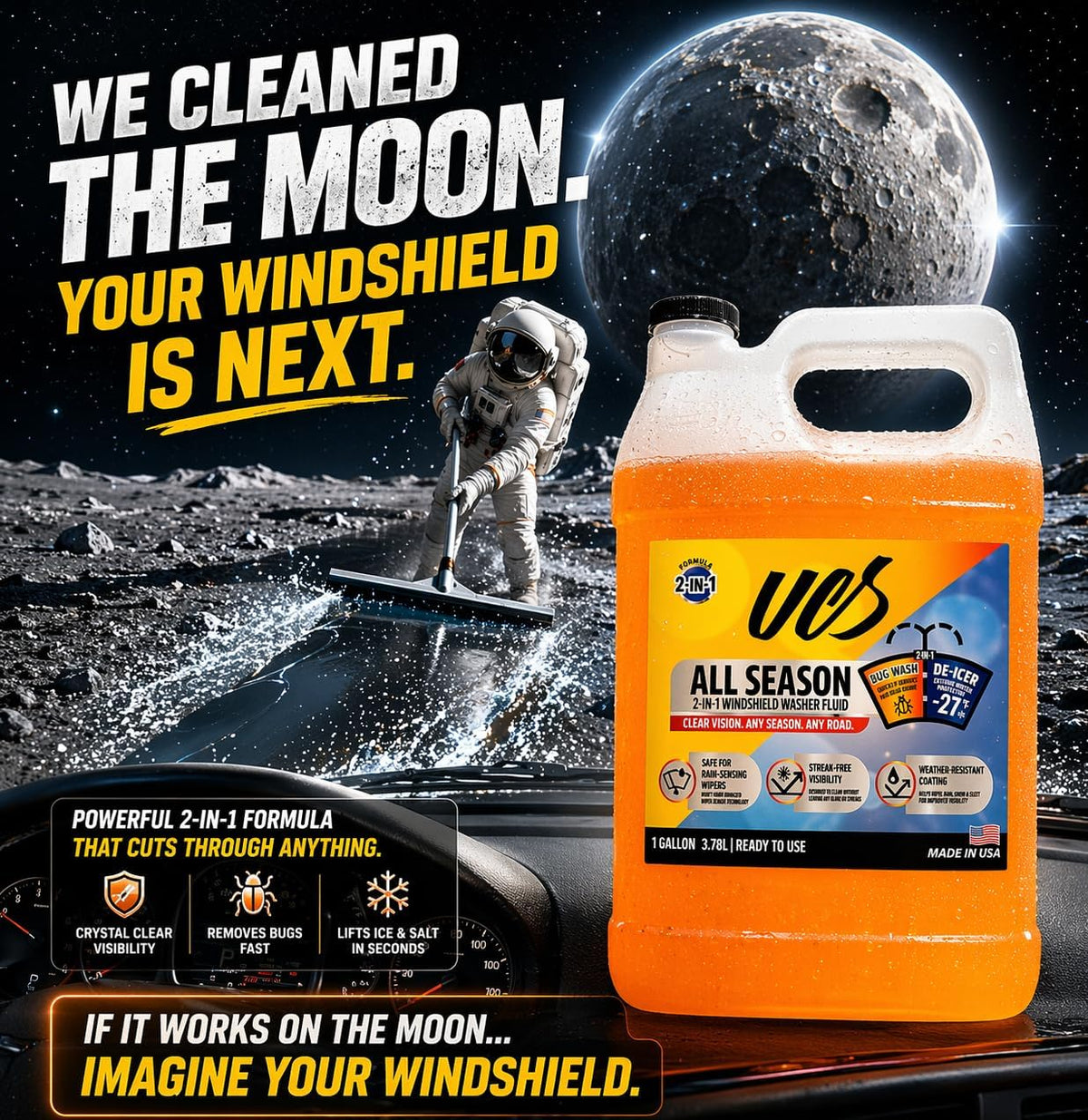 UCS 2-in-1 Windshield Washer Fluid 2-Pack (1 Gallon Each, 256 fl oz Total) – Ready to Use, Streak-Free Formula, All-Weather Cleaning, Removes Bugs, Dirt & Road Grime – Premium Windshield Cleaner