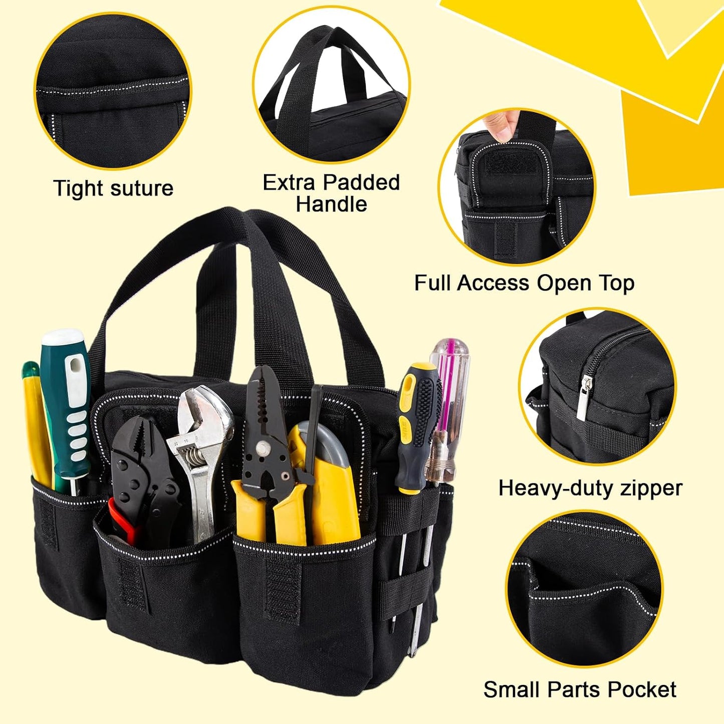 Small Tool Bag,Close Top Wide Mouth Tool Organizer Bag,Large Capacity Tool Bags for Men,Canvas Tool Storage Bag for Storage Handbag for Screwdrivers,Wrench,Pliers Hand Tools (black, 12 Inch)