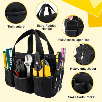 Small Tool Bag,Close Top Wide Mouth Tool Organizer Bag,Large Capacity Tool Bags for Men,Canvas Tool Storage Bag for Storage Handbag for Screwdrivers,Wrench,Pliers Hand Tools (black, 12 Inch)