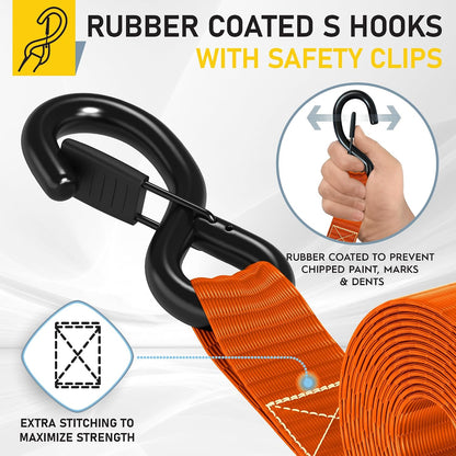 AUGO Ratchet Straps Heavy Duty 4 Pack -15 FT - 2200 LB Break Strength – with Safety Lock S Hooks - Cargo Straps for Moving, Appliances, Motorcycle – Soft Loop Tie Down Straps