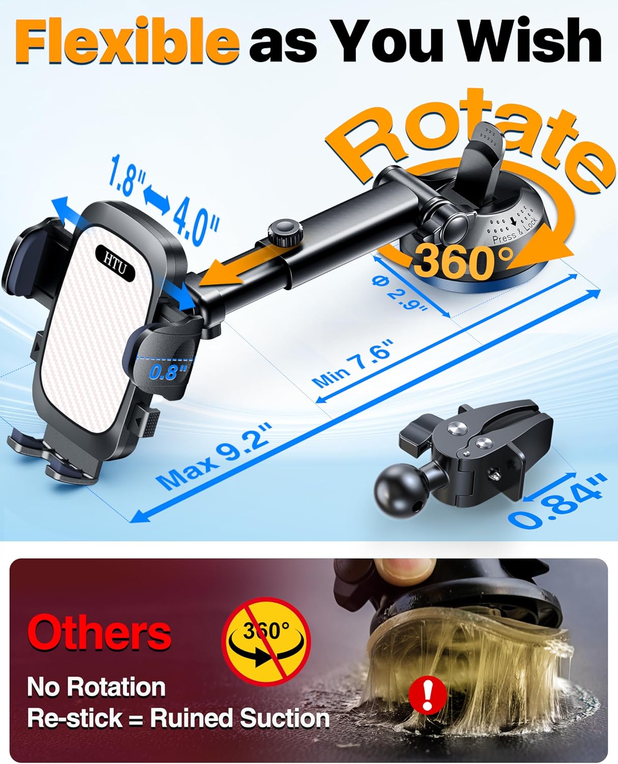 2026 Ultimate Best【True Military-Grade & Safety Cert】Car Phone Holder HTU【Upgraded 360 Rotation & 100+LBS Strongest Suction】5-in-1 Truck Windshield Dashboard Vent Mount Stand for iPhone Android, Black