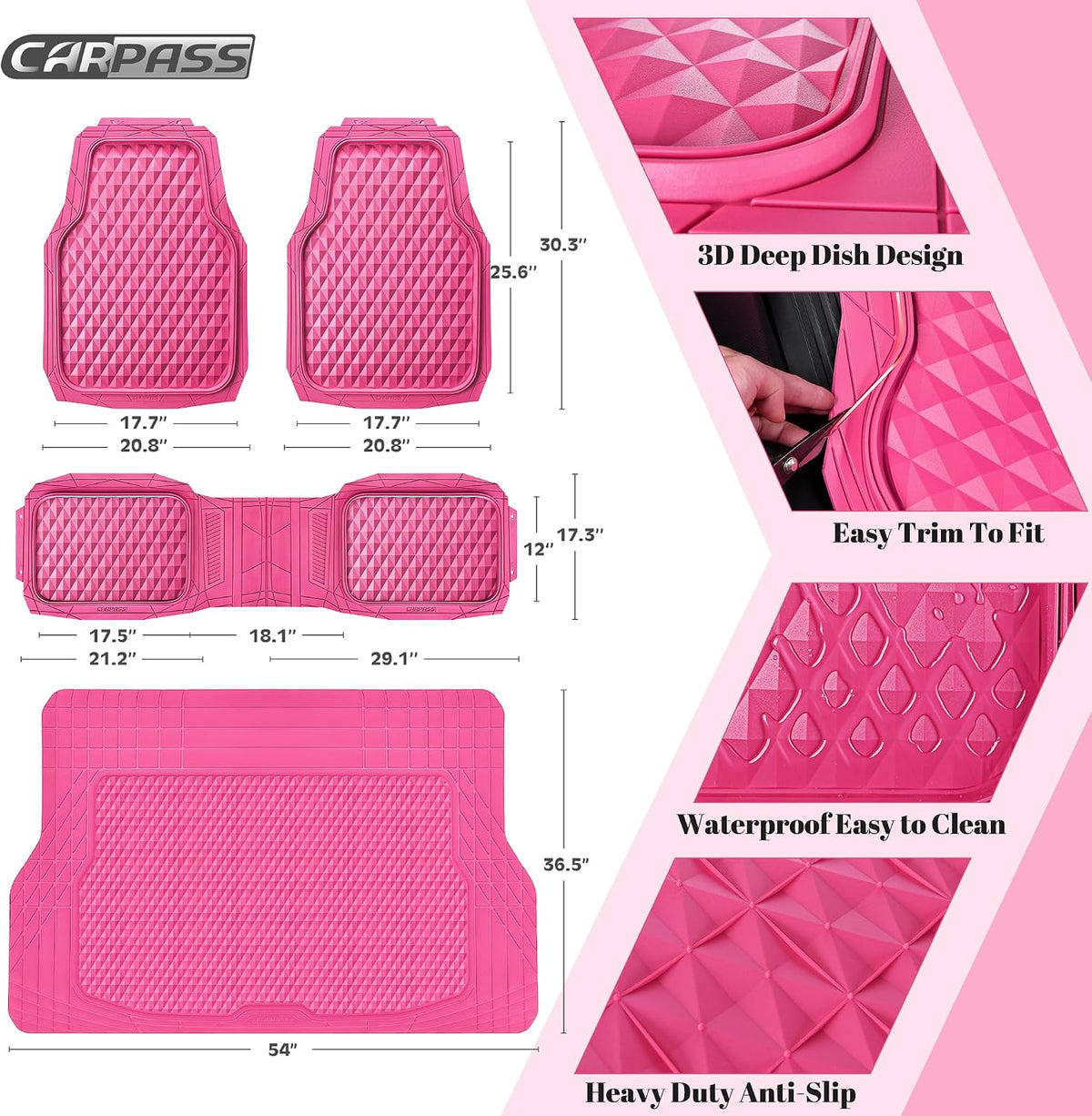 CAR PASS Heavy Duty Rubber Car Mats, Deep Dish All-Weather Floor Mat for Car Full Set Durable Anti-Slip 3D Rhombus Waterproof Trim to Fit Liner Universal Fit Automotive,Sedan,SUV,Truck, 3 Piece Black