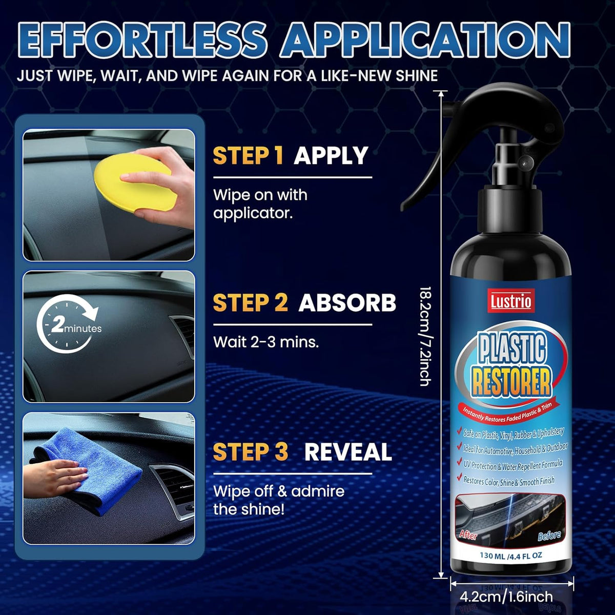 Black Trim & Plastic Restorer for Cars – Restores Faded Bumpers, Rubber & Vinyl – Long-Lasting UV Protection, No Oily Residue – Complete Kit with Foam Applicator & Towel (4.4oz/130ml)