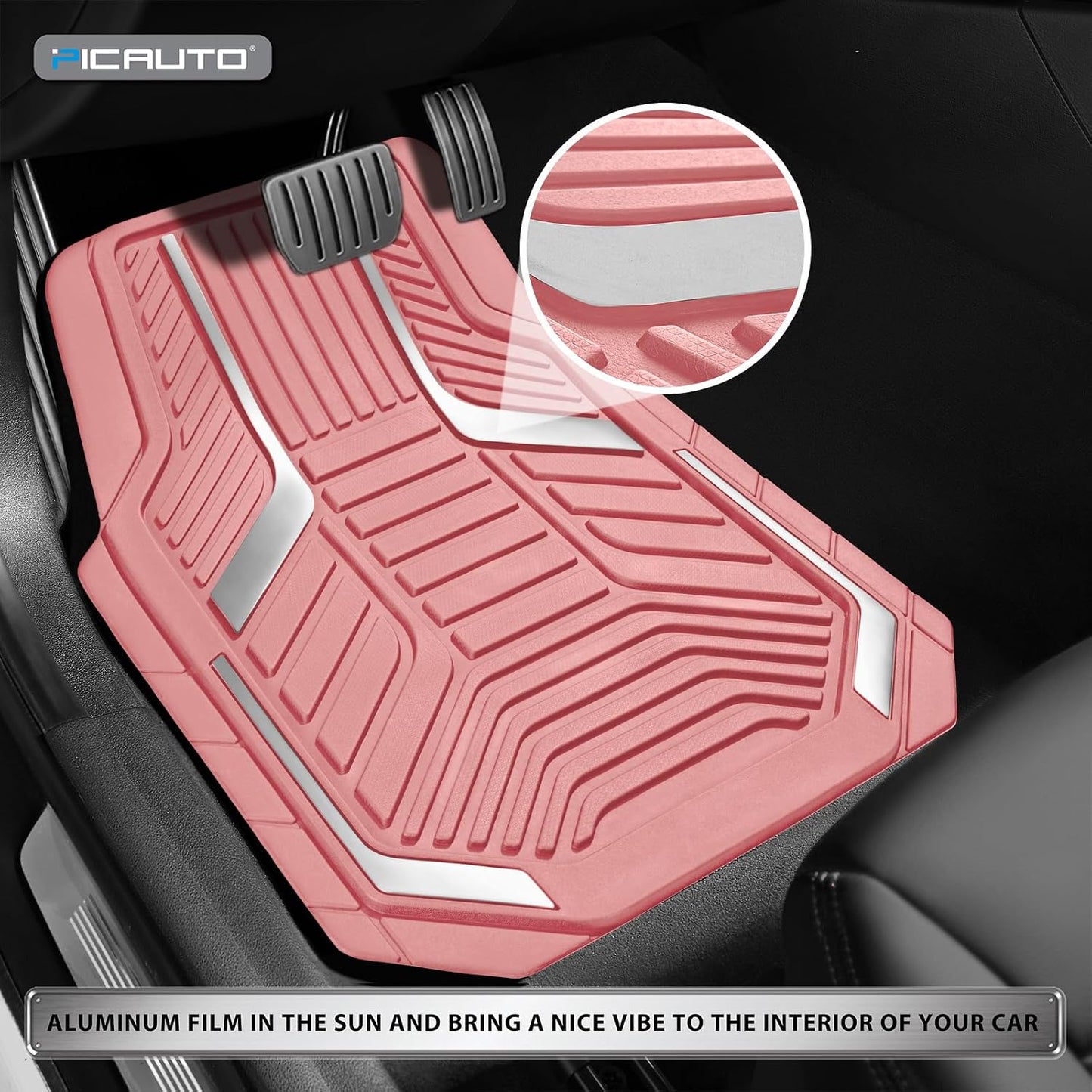 PIC AUTO Heavy Duty Rubber Floor Mats, Purple Aluminum Film Car Mats Set, Front and Rear Car Mats with Anti-Slip Backing, All Weather Protection, Trim-to-Fit for Automotive SUV, Sedan, Van