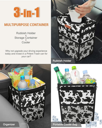 Pritent Car Trash Can with Lid, Cute Leakproof Car Trash Garbage Bag Hanging Vehicle Trash Bin Small Portable Automotive Garbage Cans Organizer for Back/Front Seat/Console(Trapezoid,Black)