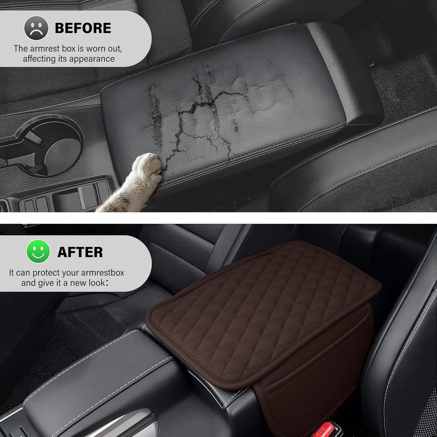 Amiss Car Center Console Cover, Upgraded Leather Car Armrest Cushion with 2 Storage Pockets, Universal Waterproof Cushion Pad, Non-Slip Car Interior Accessories, Fits Most Sedans SUVs Trucks (Black)