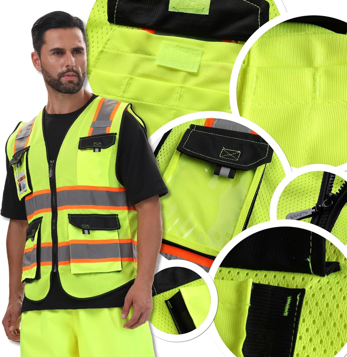 JKSafety Hi Vis Reflective Safety Vests for Men Women High Visibility Vest with Pockets Mesh Fabric Construction Safety Apparel Neon Vest for Work (220-Black L)