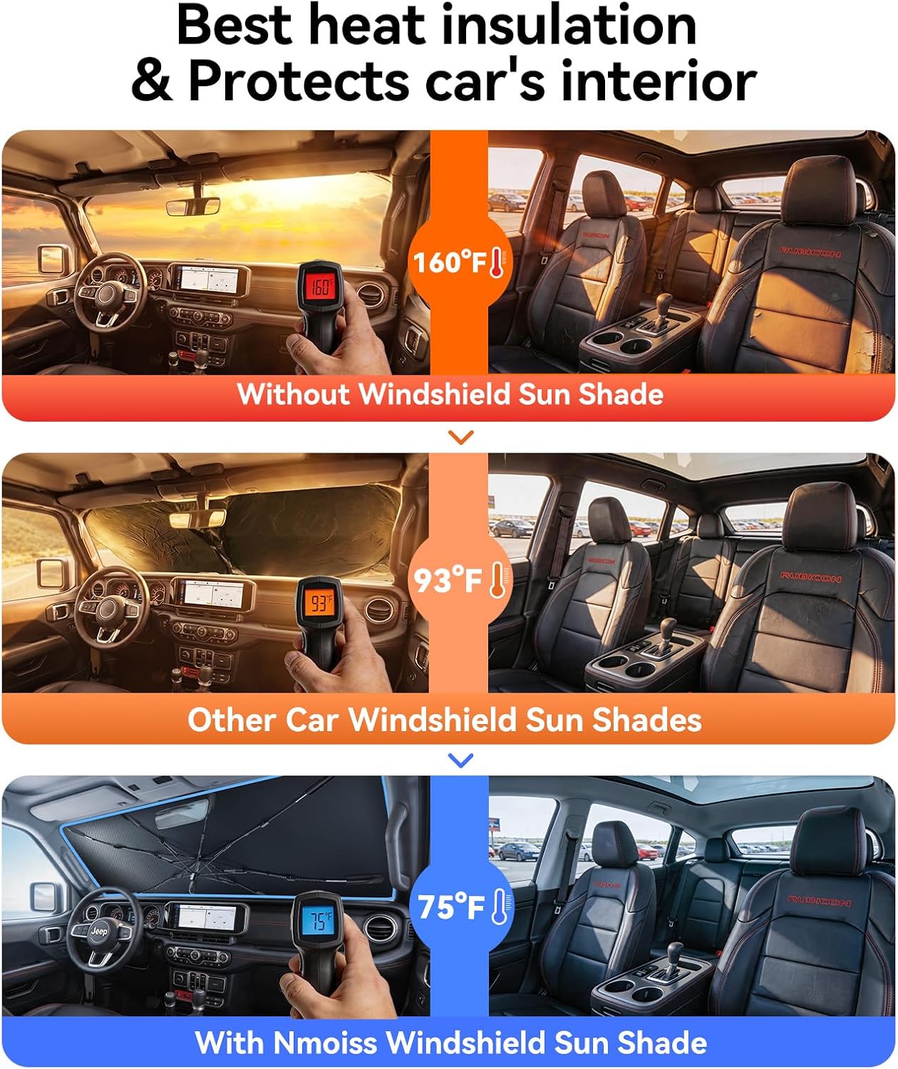 [Upgraded] Nmoiss Windshield Sun Shade Umbrella - [Vinyl Coating Heat Shield] Protect Car from Sun Rays & Heat Damage Keep Cool and Protect Interior, Spring Structure Edge Medium 56" L x 31" W