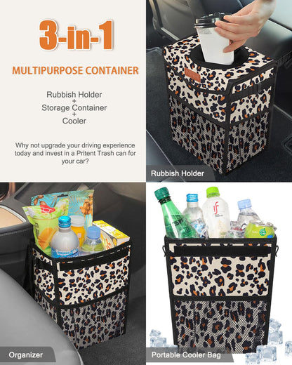 Pritent Car Trash Can with Lid, Cute Leakproof Car Trash Garbage Bag Hanging Vehicle Trash Bin Small Portable Automotive Garbage Cans Organizer for Back/Front Seat/Console(Trapezoid,Black)