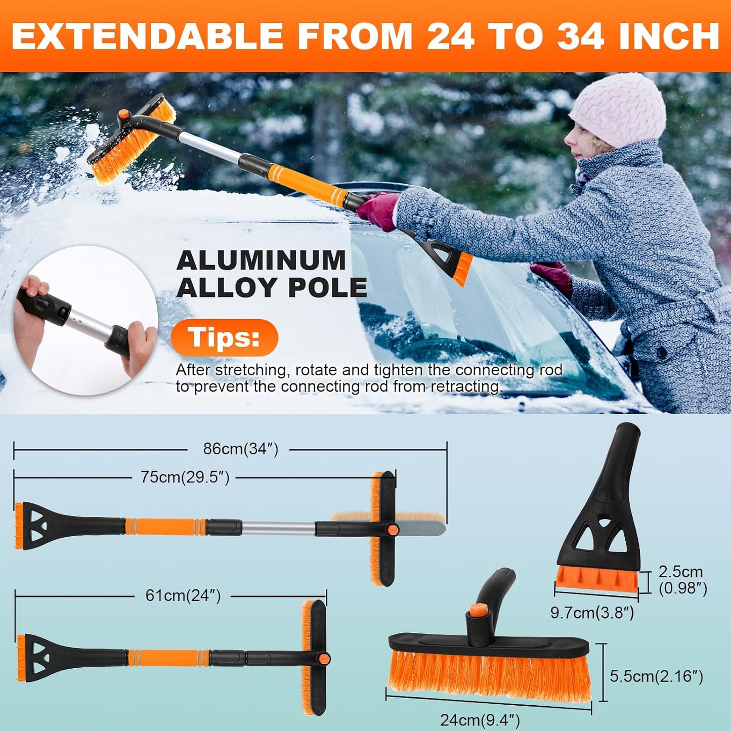 34" Extendable Ice Scrapers for Car Windshield 2-in-1 Snow Brush for Car Snow Scraper for Car Snow Scraper and Drush with Ergonomic Foam Grip for Cars, Trucks, SUVs with 360° Pivoting Brush Head Blue
