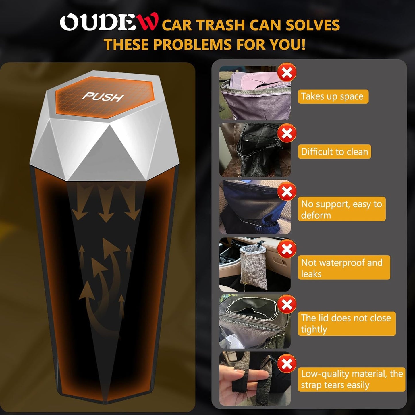 Car Trash Can with Lid - 2-Pack, Interior Accessories for Vehicles, Leakproof Garbage Can with 30 Detachable Trash Bags, Multipurpose Organizers and Storage Solutions for Home and Office