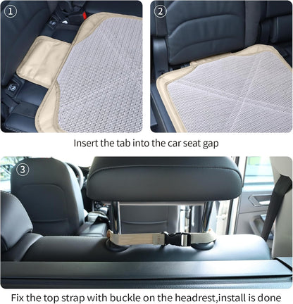 Viaviat Car Seat Protector Leather Waterproof Child Safety Seat Protector Cover with Thick Pad and 2 Large Pockets Durable Kick Mat for All Auto Seat (Beige)