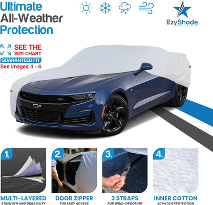 EzyShade 10-Layer Car Cover Waterproof All Weather - See Vehicle Size-Chart - Car Covers for Automobiles & Car Snow Cover - Full Exterior Covers - Winter Rain Sun SUV Sedan. Size A4 (See SizeChart)