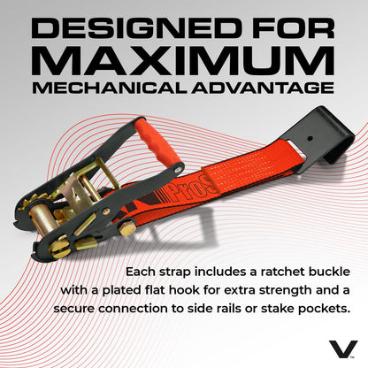 VULCAN Car Tie Down with Flat Hooks - Lasso Style - 2 Inch x 96 Inch - 4 Pack - Silver Series - 3,300 Pound Safe Working Load