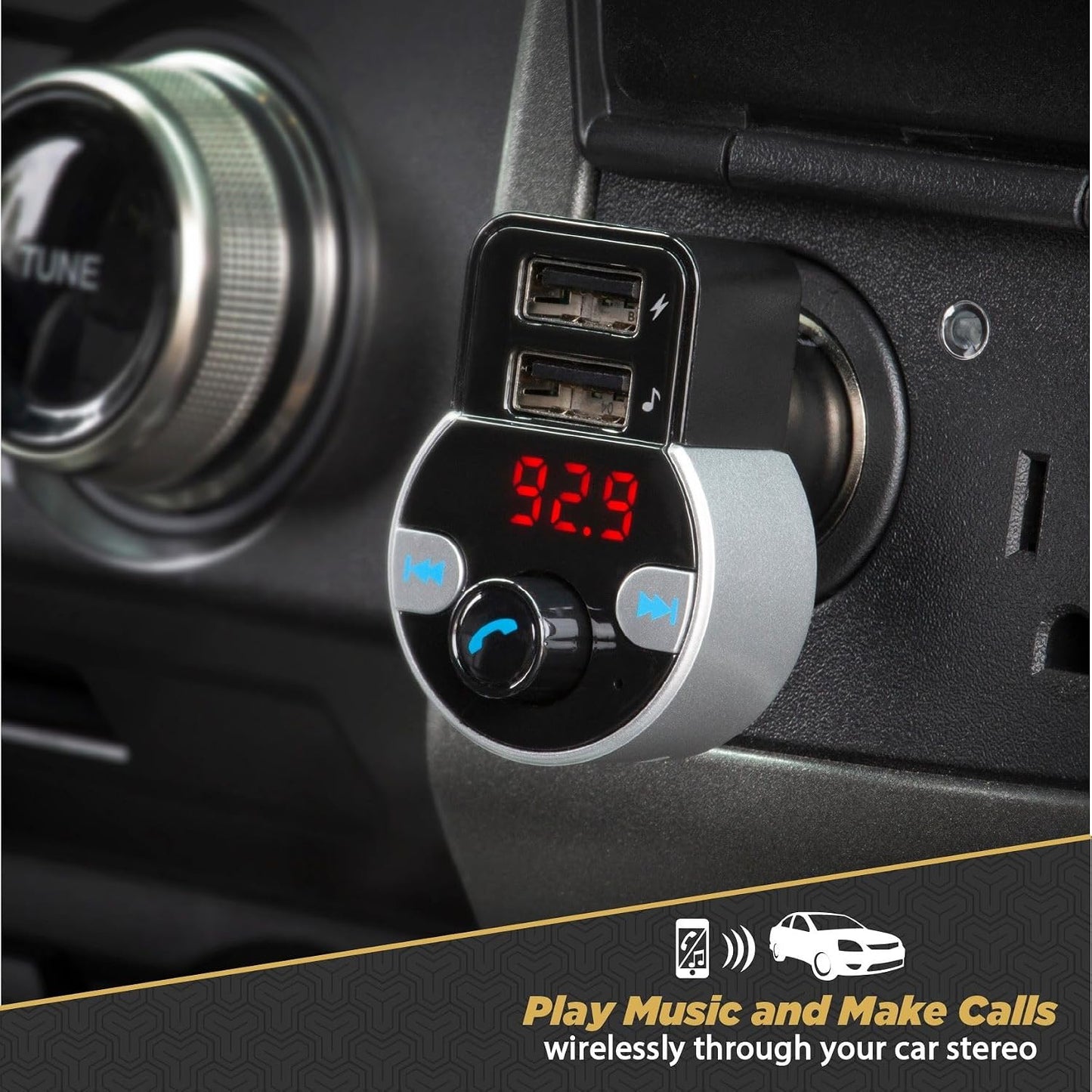Scosche BTFM8 Bluetooth FM Transmitter Car, Dual 12W USB-C and USB-A Charging Ports, Fast Type-C Car Charger, Wireless Radio Bluetooth Adapter, Hands-Free Car Kit for Calls, Siri and Google Assistant