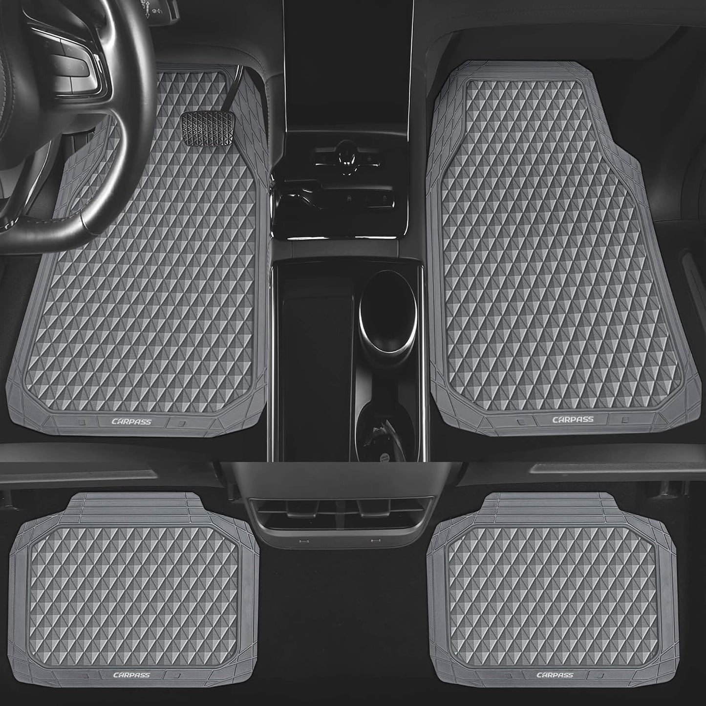 CAR PASS Black Rubber Car Mats, All-Weather Floor Mats Full Set Durable Anti-Slip 3D Rhombus Waterproof Automotive Pad Trim to Fit Liner Universal Fit for Sedan SUV Truck Van, 4 Pcs All Black Rubber