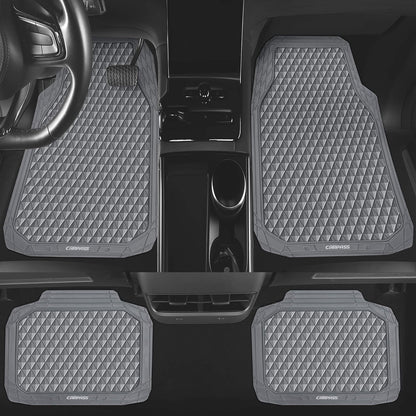 CAR PASS Black Rubber Car Mats, All-Weather Floor Mats Full Set Durable Anti-Slip 3D Rhombus Waterproof Automotive Pad Trim to Fit Liner Universal Fit for Sedan SUV Truck Van, 4 Pcs All Black Rubber