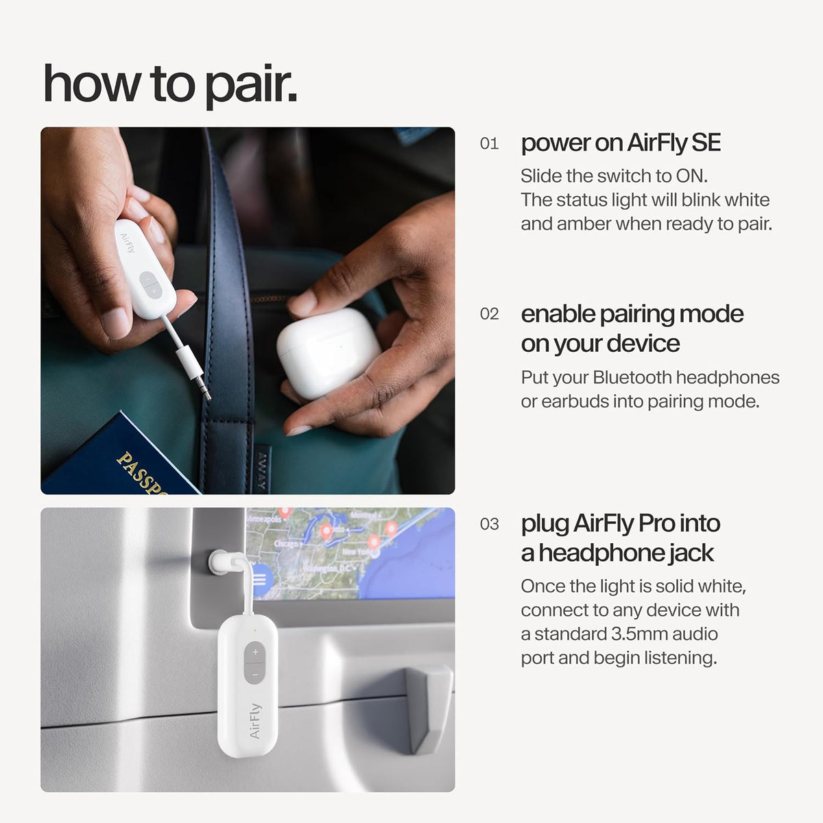 AirFly Pro 2 Deluxe – Bluetooth Adapter for Airplane, Pair 2 AirPods or Wireless Headphones – 3.5mm AUX Bluetooth Transmitter/Receiver for Cars, Boats, Treadmills, TVs – Airplane Travel Essentials