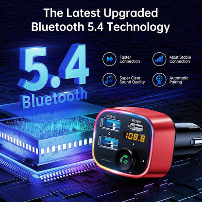 Syncwire Bluetooth 5.4 FM Transmitter Car Adapter 48W (PD 36W & 12W) [Light Switch] [HiFi Bass Sound] [Fast Charging] Wireless Radio Music Adapter LED Display Hands-Free Calling Support USB Drive