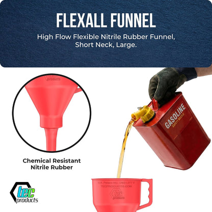 TEC Products FlexAll Short Neck Funnel - Flexible Funnel w/Hose, Durable Nitrile Rubber Automotive Funnels - Oil Change Tool for Transmission Fluid, Diesel, Gas - USA Made - Large (11 x 5.73 Inches)