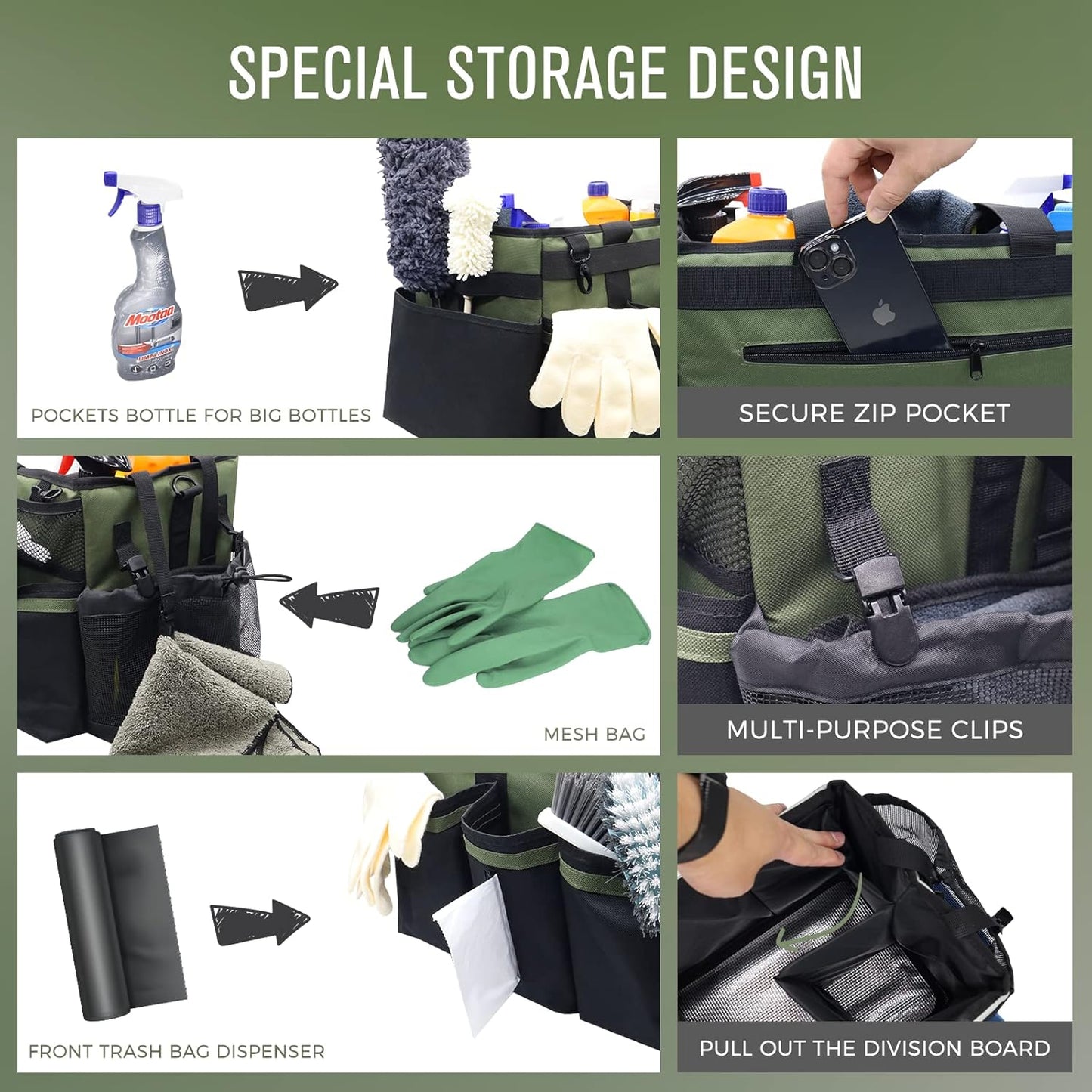 SCAVATA Wearable Cleaning Caddy Organizer with Handle & Shoulder Straps for Housekeepers, Under Sink & Car Cleaning Tool Organizer Bag with 4 Foldable Dividers (Green)