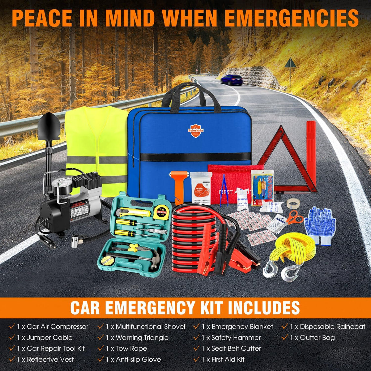 Emergency Car Kit,Roadside Emergency Tool Kit for Vehicle Truck with Air Compressor Jumper Cable First Aid Kit,Winter Auto Road Side Kit Women Men Car Travel Safety Assistance Survival Essentials Kit