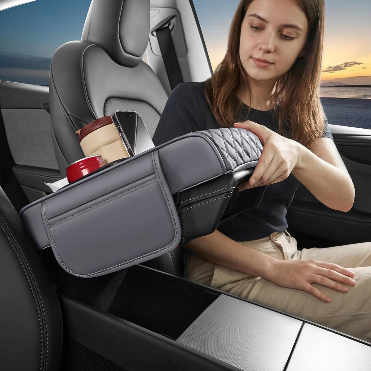 5 in 1 Car Center Console Cover, Armrest Pad with 2 Storage Pockets, Cup Holder, Tissue Slot, Phone Holder, Nappa Leather Memory Foam Car Accessories for SUV Sedan Truck (Black)