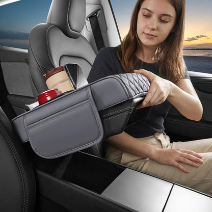 5 in 1 Car Center Console Cover, Armrest Pad with 2 Storage Pockets, Cup Holder, Tissue Slot, Phone Holder, Nappa Leather Memory Foam Car Accessories for SUV Sedan Truck (Black)