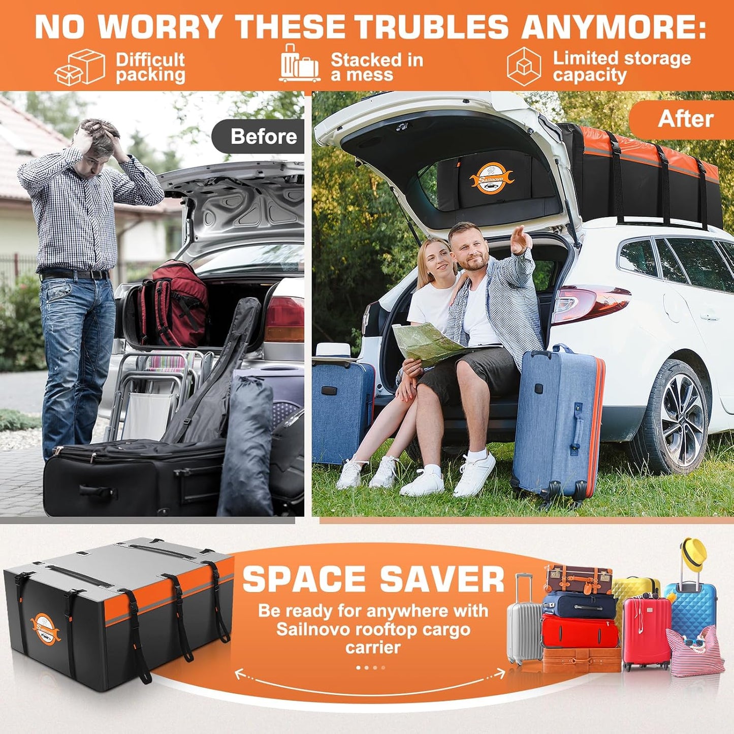 Sailnovo Rooftop Cargo Carrier Bag 21 Cubic, 1000D PVC Waterproof Vehicle Soft-Shell Carrier for Cars with/Without Roof Rack, Car Roof Storage Includes Anti-Slip Mat,10 Reinforced Straps, 6 Door Hooks