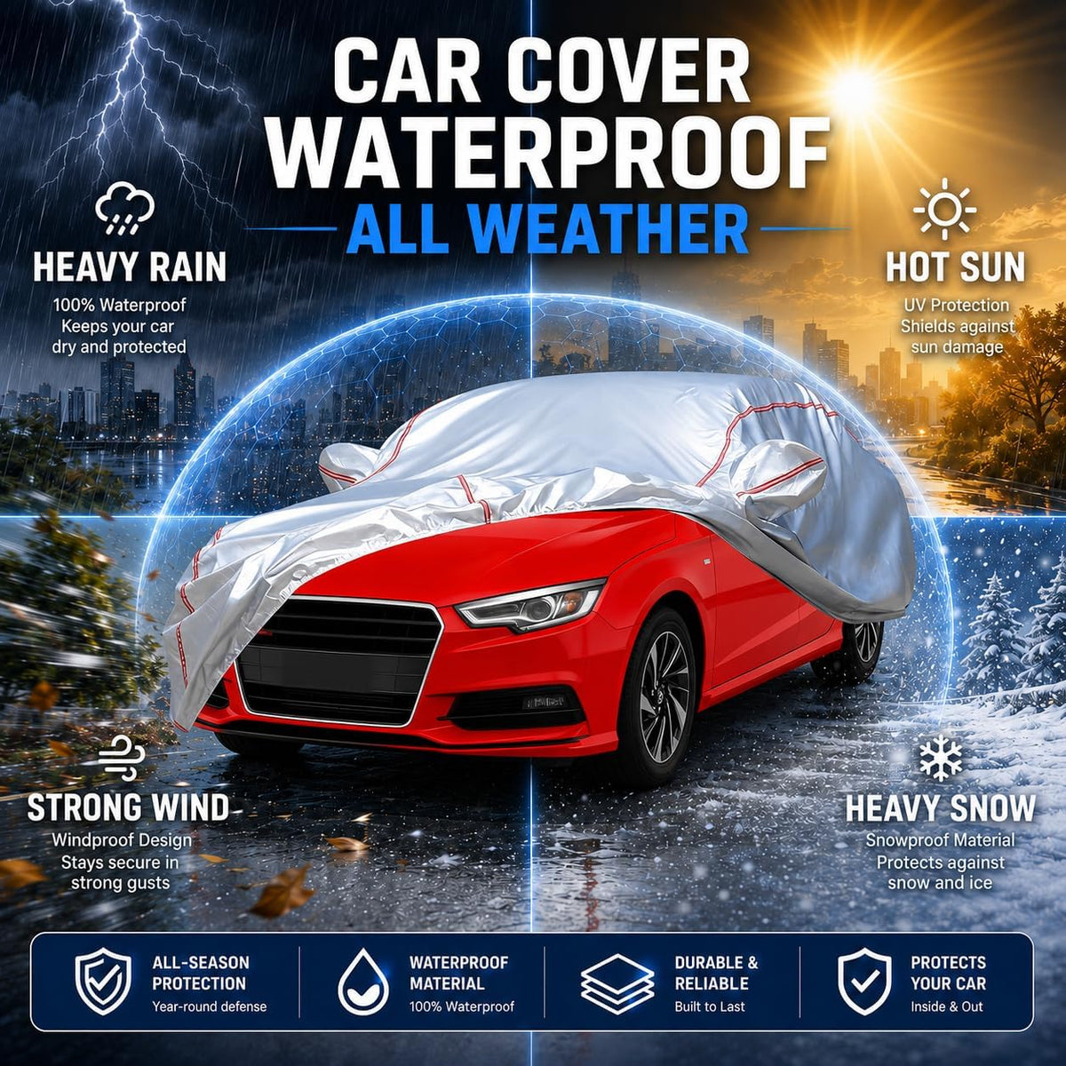 Car Cover for Sedan, Waterproof All Weather Heavy Duty, 360° Underbody Wrap Windproof Design, Quick Install Outdoor Vehicle Cover, Fits 186-193 in