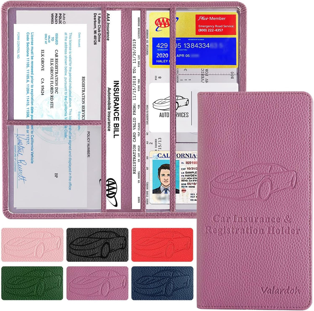 Valardoh Premium Car Registration and Insurance Card Holder, Car Document Holder for Cards, Driver License & other Essential Documents (Pink)