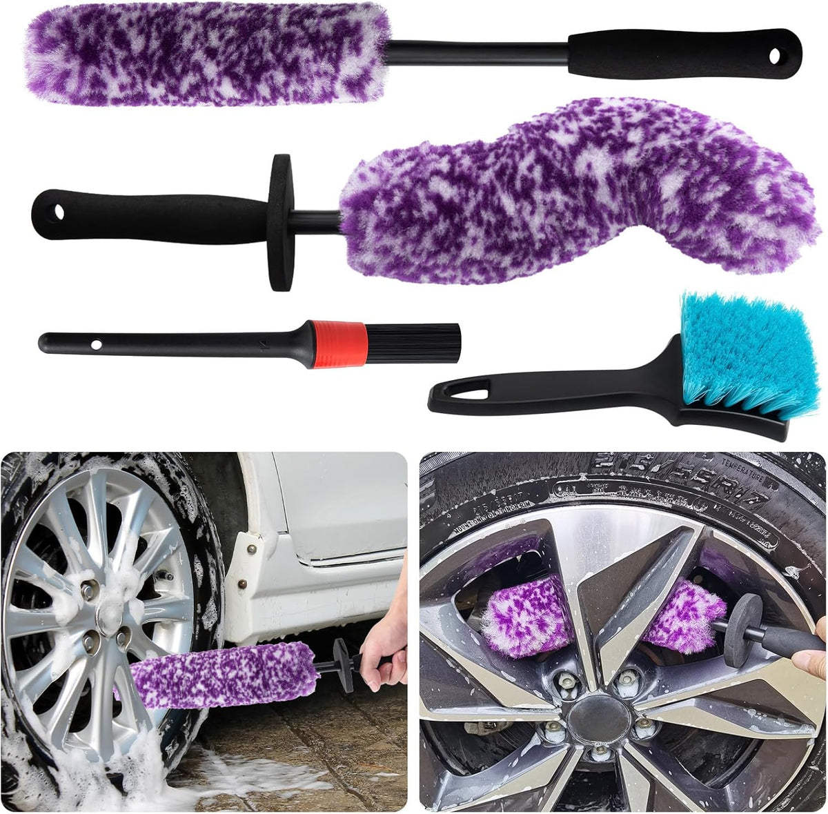 4 Pack Wheel Tire Cleaning Brush Kit Cars Motorcycles RVs Trucks Rim Hub Ultra Soft Microfiber No Spatter 360 Bendable Synthetic Woolies Wash Vehicles Bristle Set