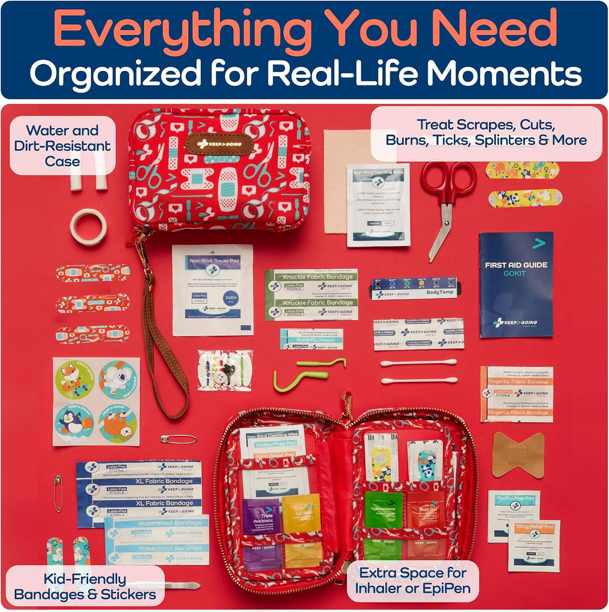 KeepGoing Travel First Aid Kit for Kids – 130 Pc. for Car, Home, Purse, Diaper Bag & Backpack with Latex-Free Bandages - Mini First Aid Kit Travel Size TSA-Approved