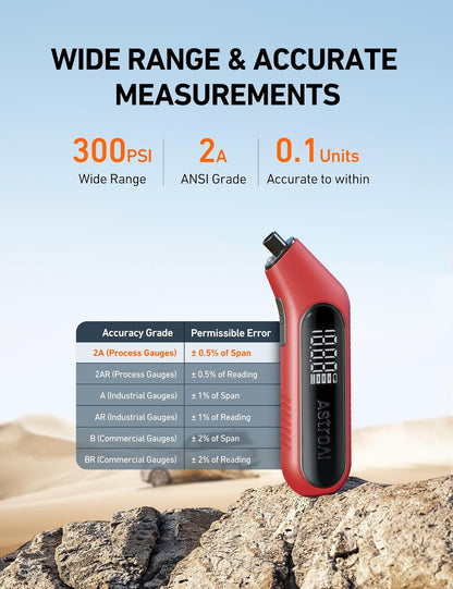 AstroAI Digital Tire Pressure Gauge 3-300PSI Calibrated to ANSI B40.7 Grade 2A (0.5%), Backlight and Flashlight, Presta Valve Adaptor Included, 4 Units, AAA Batteries, Orange