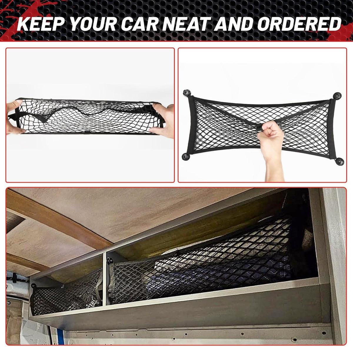 RED WOLF 2 Pcs Universal Cargo Net Pocket Elastic Mesh Netting Car Mesh Pouch for Trunk RV Boats Home Cargo Storage Mesh with Screws and Hooks (25.6'' x 9.8'')