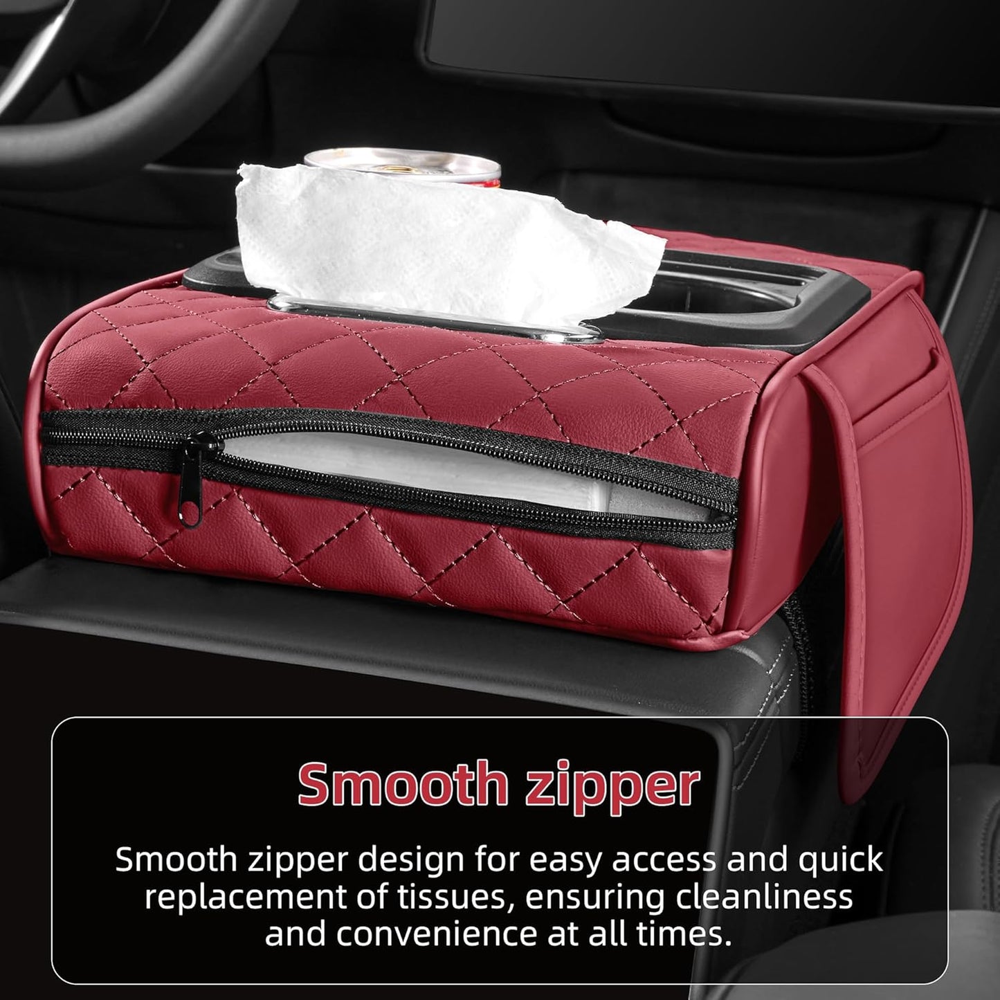 5 in 1 Car Center Console Cover, Armrest Pad with 2 Storage Pockets, Cup Holder, Tissue Slot, Phone Holder, Nappa Leather Memory Foam Car Accessories for SUV Sedan Truck (Black)