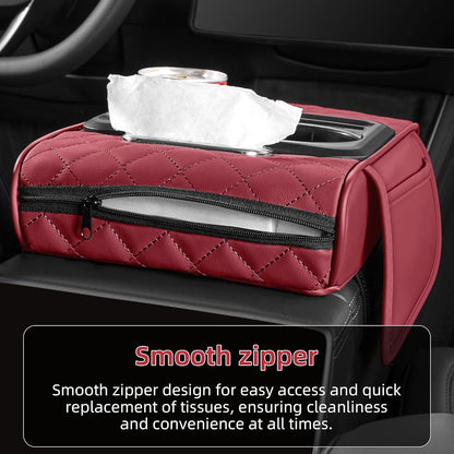 5 in 1 Car Center Console Cover, Armrest Pad with 2 Storage Pockets, Cup Holder, Tissue Slot, Phone Holder, Nappa Leather Memory Foam Car Accessories for SUV Sedan Truck (Black)