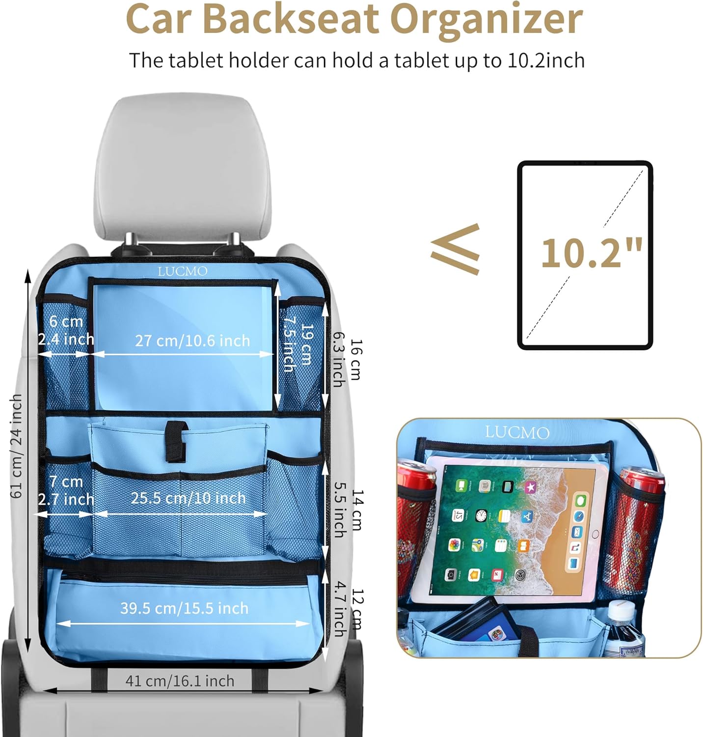 LUCMO Car Backseat Organizer with Tablet Holder,6 Storage Pockets Car Storage Organizer with Foldable Food Tray,Protectors Kick Mats Travel Accessories-Black