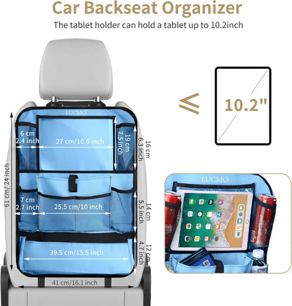 LUCMO Car Backseat Organizer with Tablet Holder,6 Storage Pockets Car Storage Organizer with Foldable Food Tray,Protectors Kick Mats Travel Accessories-Black