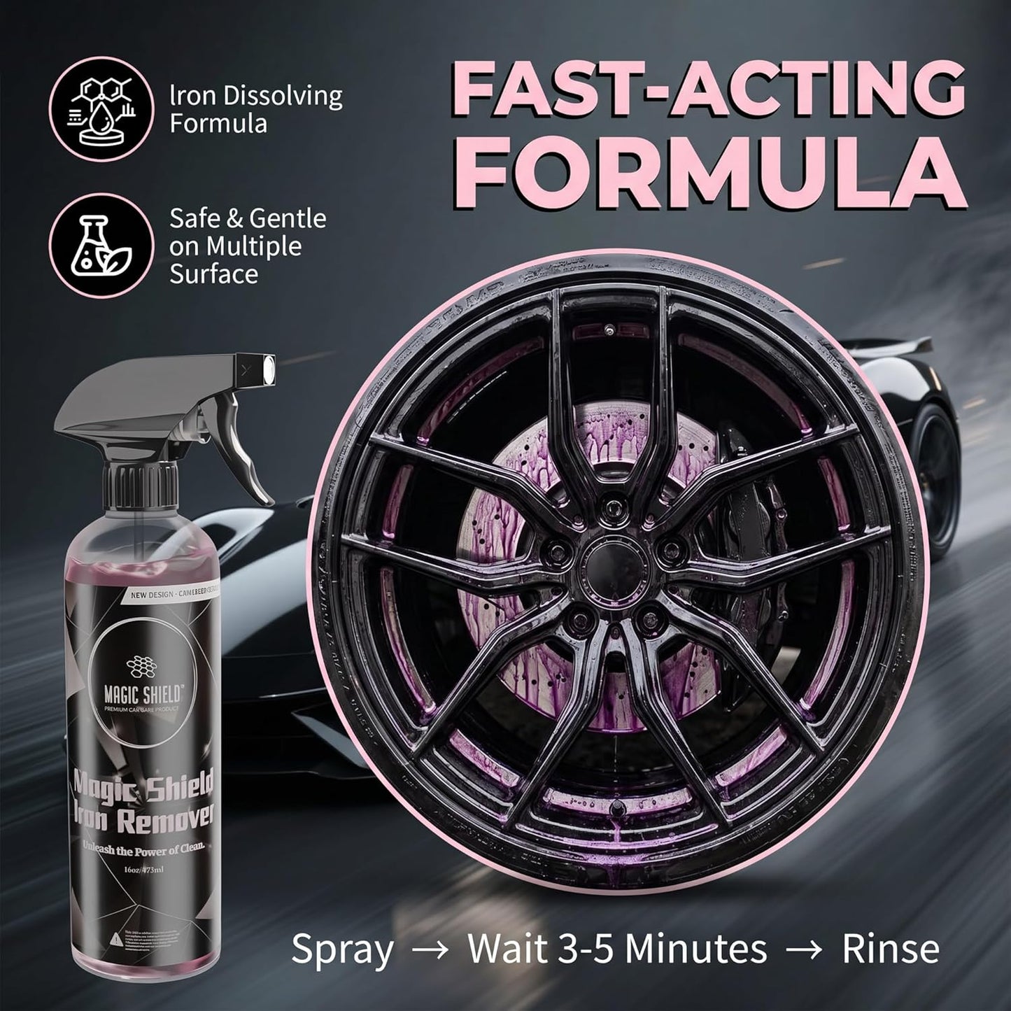 Magic Shield Iron Remover Spray for Cars 16oz - pH-Neutral Iron and Fallout Remover for Car, Motorcycle, RV & Boat | 5-Minute Reaction, Effective on Wheels & Paint | All-In-One Solution