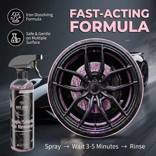 Magic Shield Iron Remover Spray for Cars 16oz - pH-Neutral Iron and Fallout Remover for Car, Motorcycle, RV & Boat | 5-Minute Reaction, Effective on Wheels & Paint | All-In-One Solution